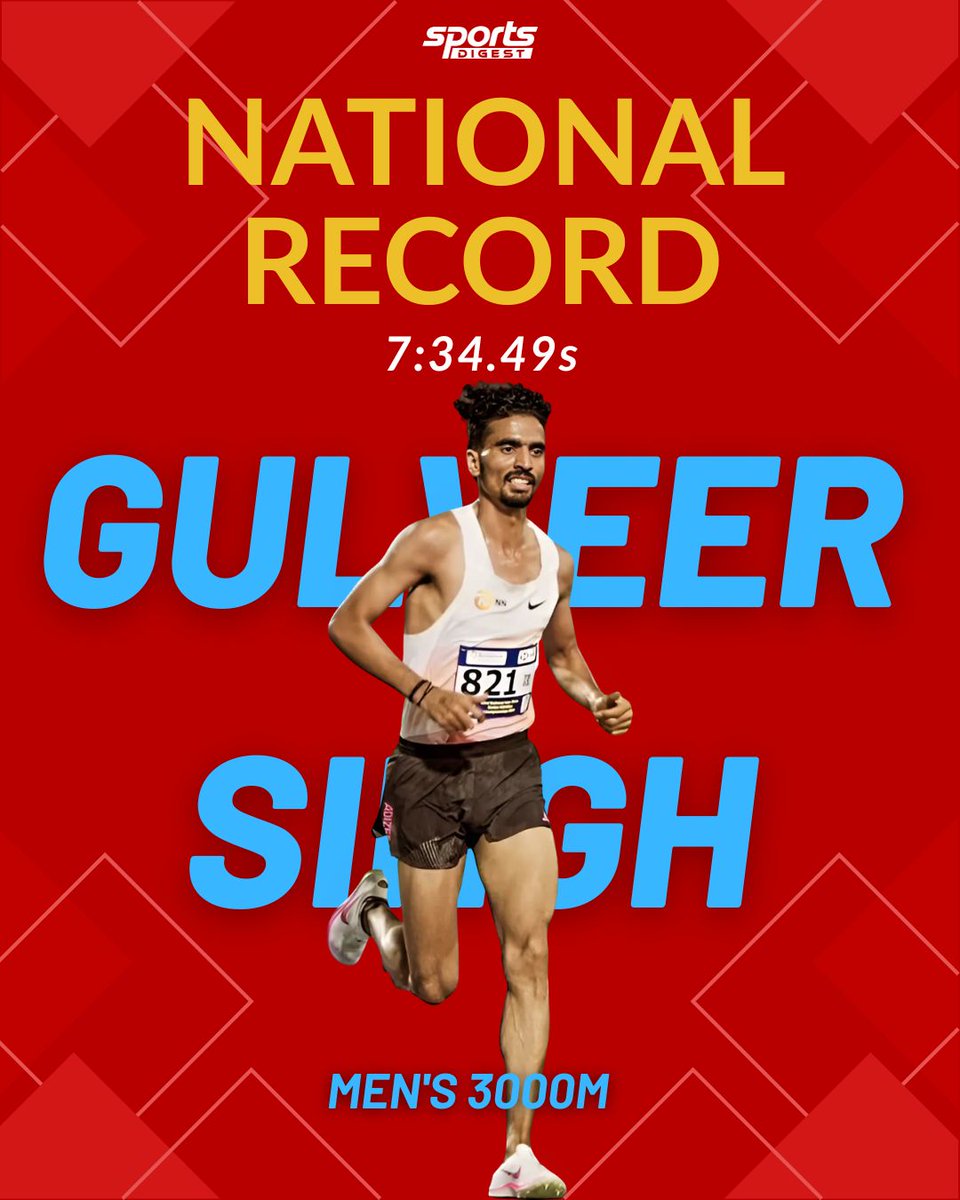 SportsDigestINT's tweet image. History Made!
Gulveer Singh smashes the National Record in the Men’s 3000m with a blistering 7:34.49s 🔥🇮🇳
.
#GulveerSingh #NationalRecord #IndianAthletics #3000m #TrackAndField #AthleticsIndia #SportsDigest #RecordBreaker #RunningCommunity