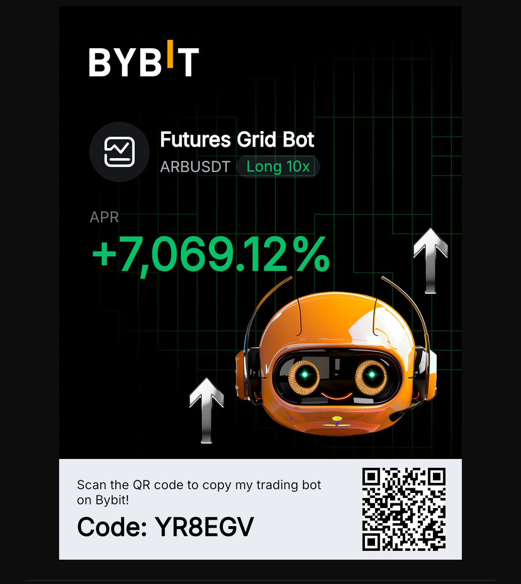 rabrouv42's tweet photo. 🚀My Futures Grid Bot on Bybit hit +7,069.12% APR with $ARB/USDT (Long x10)!Want the same gains? Copy my bot now on Bybit!Code: YR8EGV Just scan the QR or use the code to get started!#CryptoTrading #Bybit #GridBot #btc #ARB #CryptoBot #TradingStrategy #CopyTrading #Altseason https://t.co/U0K3xrd5Uz