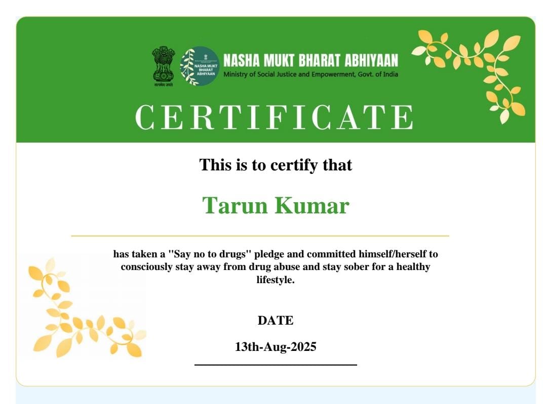 Today, I took a pledge under #NashaMuktBharatAbhiyan that I will never consume intoxicants and will inspire others to live an addiction-free life. ✋🇮🇳

#SayNoToDrugs #AddictionFreeIndia #HealthyLifestyle #DrugFreeIndia #YouthForChange #LifeWithoutDrugs
#Yuvoday #HasdeoKeHero