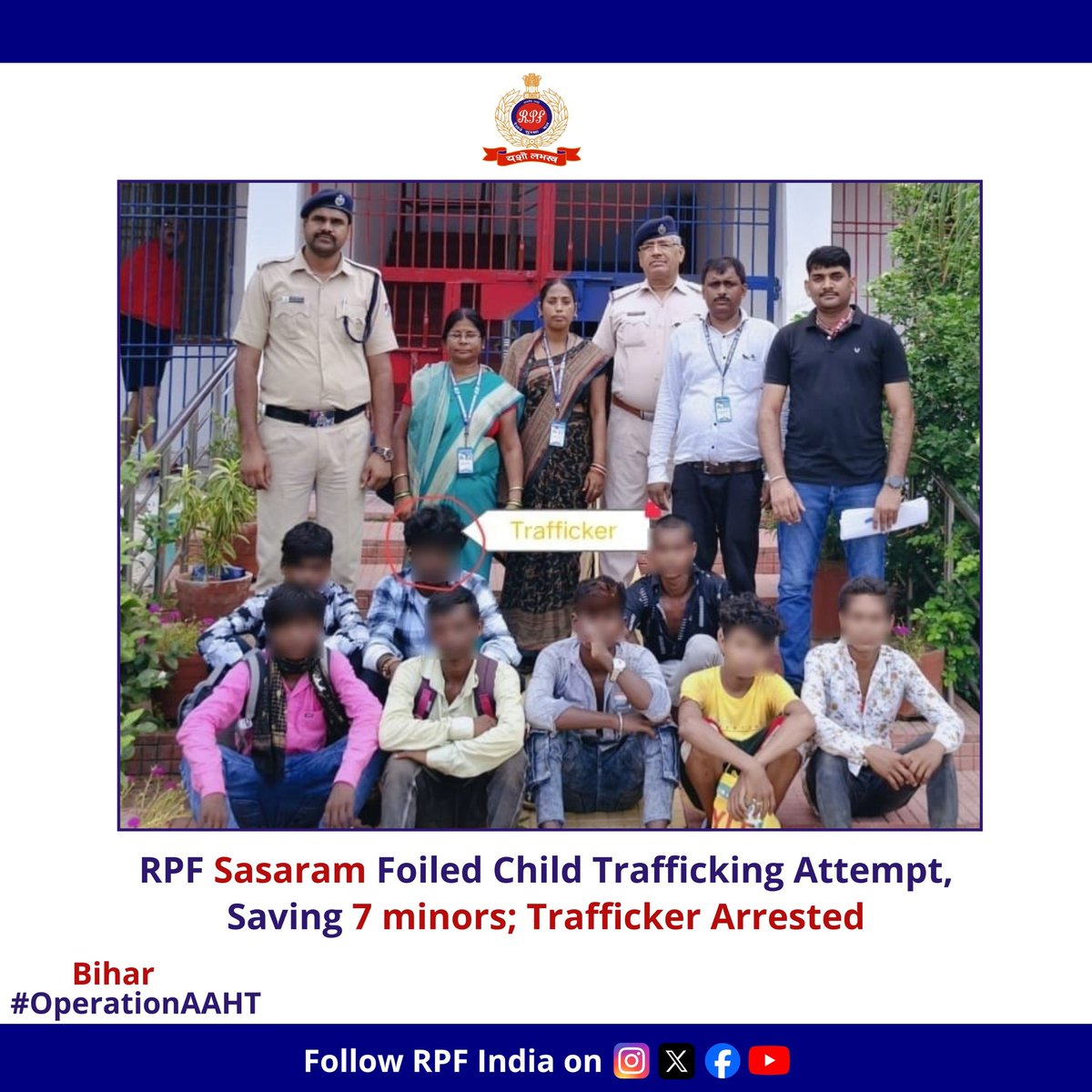 RPF INDIA (@rpf_india) on Twitter photo 🚨 Operation AAHT
7 lives saved from a dark fate— #RPF Sasaram, #GRP & #NGO rescued minors being trafficked to Rajasthan for gruelling labour, Trafficker arrested.
#OperationAAHT #EndChildTrafficking #WeServeAndProtect <a href="/rpfecr/">RPF East Central Rly</a> <a href="/RailMinIndia/">Ministry of Railways</a> 🚨 Operation AAHT
7 lives saved from a dark fate— #RPF Sasaram, #GRP & #NGO rescued minors being trafficked to Rajasthan for gruelling labour, Trafficker arrested.
#OperationAAHT #EndChildTrafficking #WeServeAndProtect <a href="/rpfecr/">RPF East Central Rly</a> <a href="/RailMinIndia/">Ministry of Railways</a>