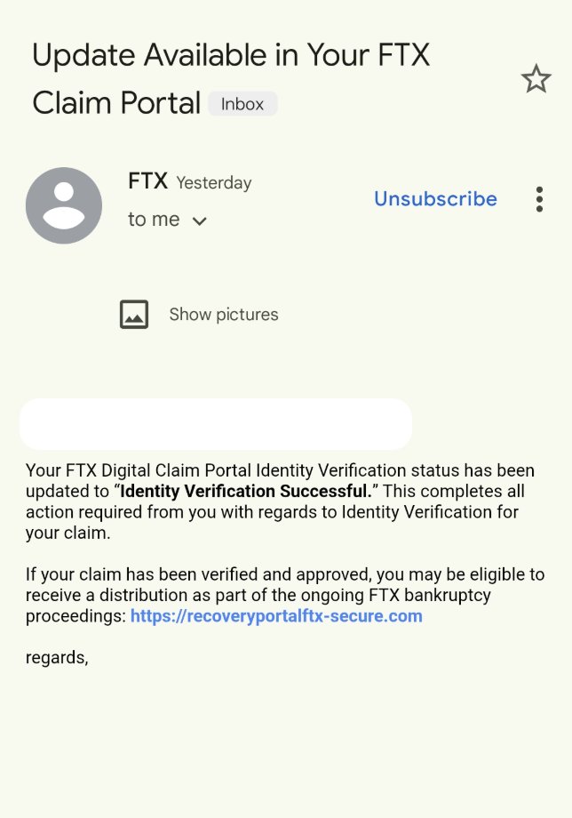 伪装成 FTX 的钓鱼邮件截图，要求进行身份验证