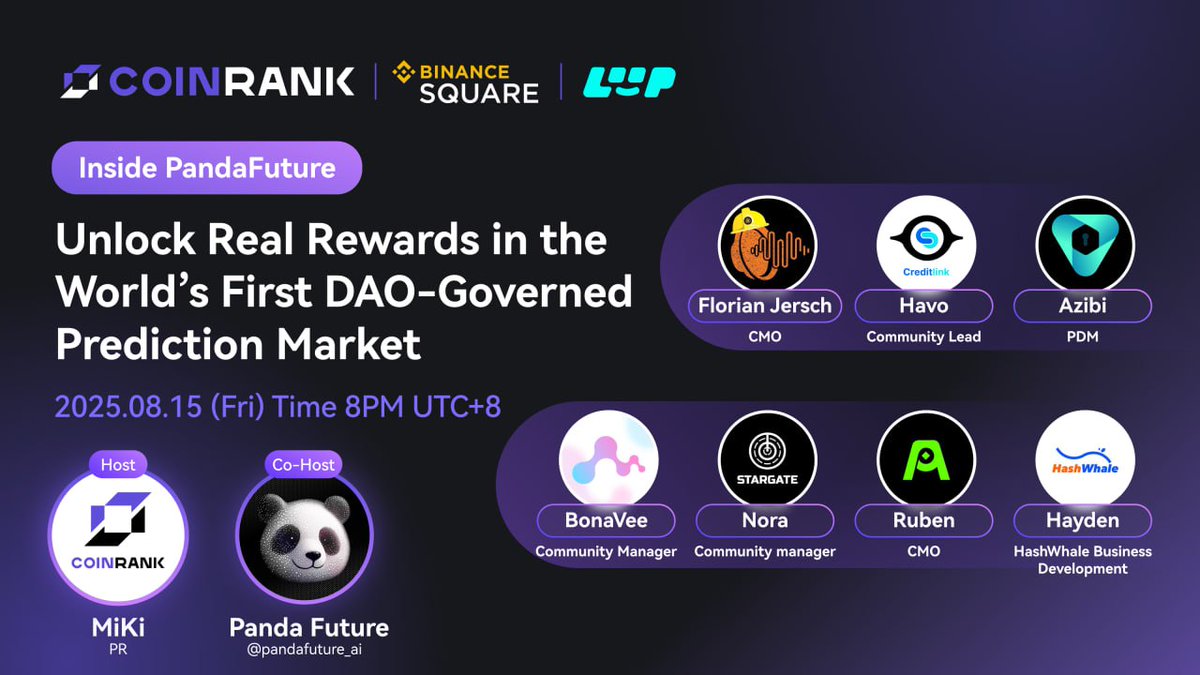 🎯 Unlock Real Rewards in the World’s First DAO-Governed Prediction Market!

🎤 Join us on <a href="/CoinRank_io/">CoinRank</a> X Space as we go Inside <a href="/pandafuture_ai/">Panda Future</a>  to explore how DAO governance is transforming prediction markets — and the opportunities it creates for the Web3 community.

📅 Aug 15