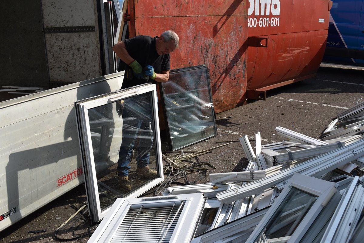 Glasgow_Windows's tweet photo. Turning Old Windows into New Ones – Right Here in Glasgow

At Williams Windows &amp; Doors, we recycle every uPVC window frame and door we remove from homes across Glasgow and the West of Scotland.
Here’s John hard at work breaking up old frames to be recycled. #Recycle https://t.co/SEDfLo3ocs