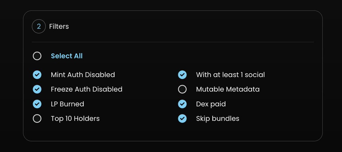 🚫 Skip Bundles Filter — for when “volume” is just smoke and mirrors.

Bundled plays can be pure rug bait:
One dev fills every bag before launch, lists, and dumps on the first real buyer.

With Skip Bundles Filter, you decide:
✅ On - Keep bundled tokens out of your feed.
❌ Off