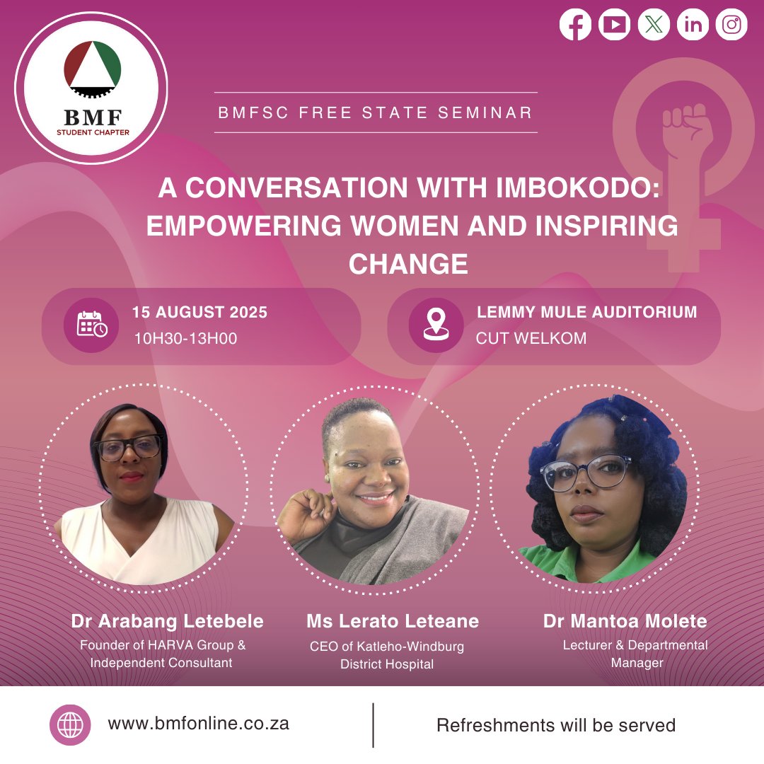 BMFscNational's tweet photo. Join Bmfsc_fs as we celebrate the strength, resilience, and brilliance of women who are shaping a better tomorrow.#Imbokodo #womenempowerment2025 #InspiringChange #BMFsc #WomensMonth https://t.co/GnAZlF1QuA
