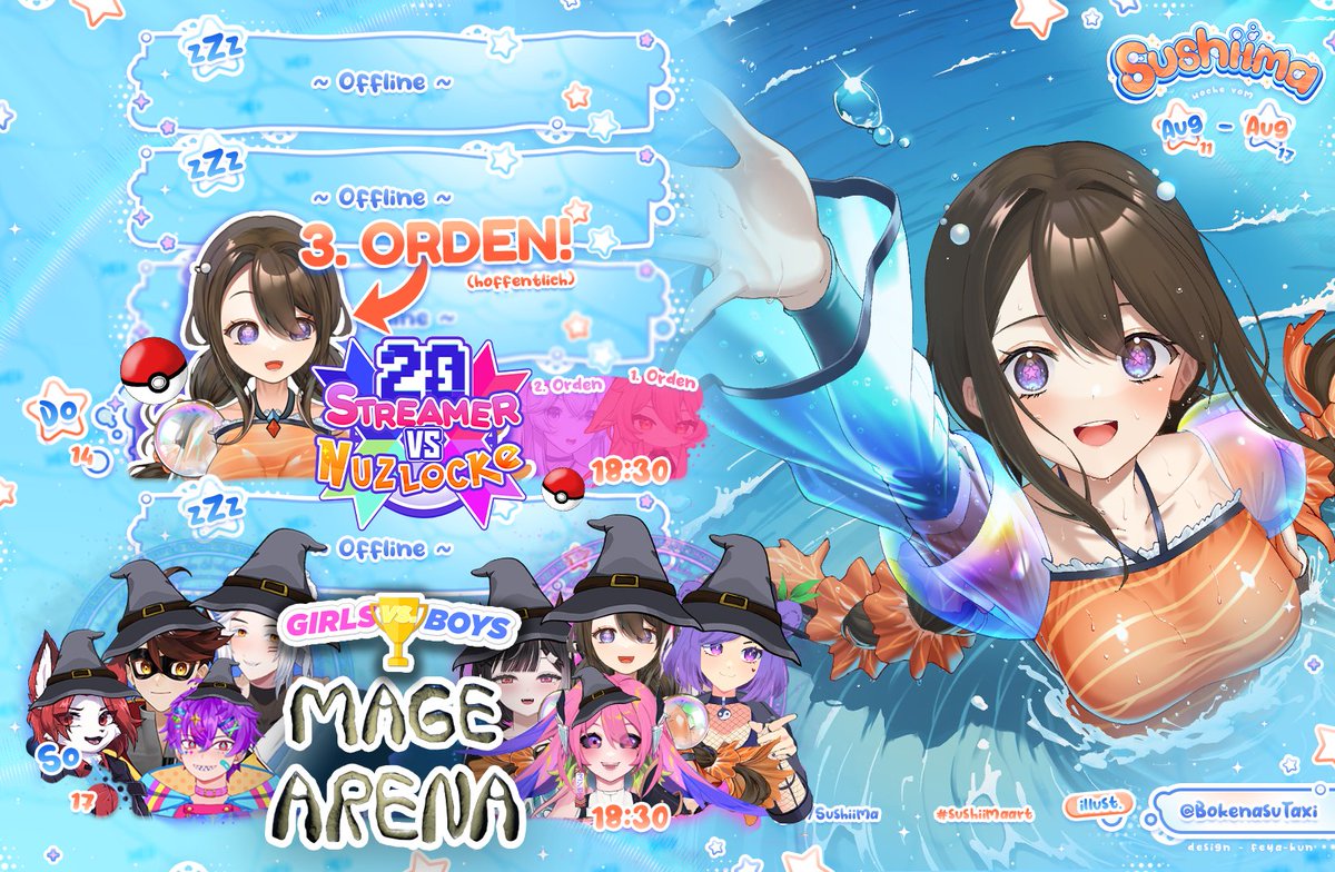 🗓️ Wochen-Streamplan 🗓️

🔹Do: 20 Streamer VS Nuzlocke🔥18:30Uhr
🔸So: [Girls VS Boys] Mage Arena🧙‍♂️18:30Uhr
🩷Girls: <a href="/_silentpandavt_/">SilentPanda 🐼 | Mafia Panda 🎋💜</a> <a href="/mantiV4/">Mantiva 🦗|| VTuber 🌸</a> <a href="/nanakiiq/">Nanakii7️⃣ 🐾| Rebranding September</a> 
💙Boys: <a href="/meynhero/">Meyn</a> <a href="/Kyuhachii/">Kyūhachii || 28 July Debut🐻‍❄🧊</a> <a href="/Elia_ELTRX/">🇩🇪 ELiA</a> <a href="/KuraisamaVT/">Kuraisama || Crack-Head</a>

🎣twitch.tv/sushiima
「#sushiimaonair ⋆ #Vtuber ° #GerVtuber ⊹」