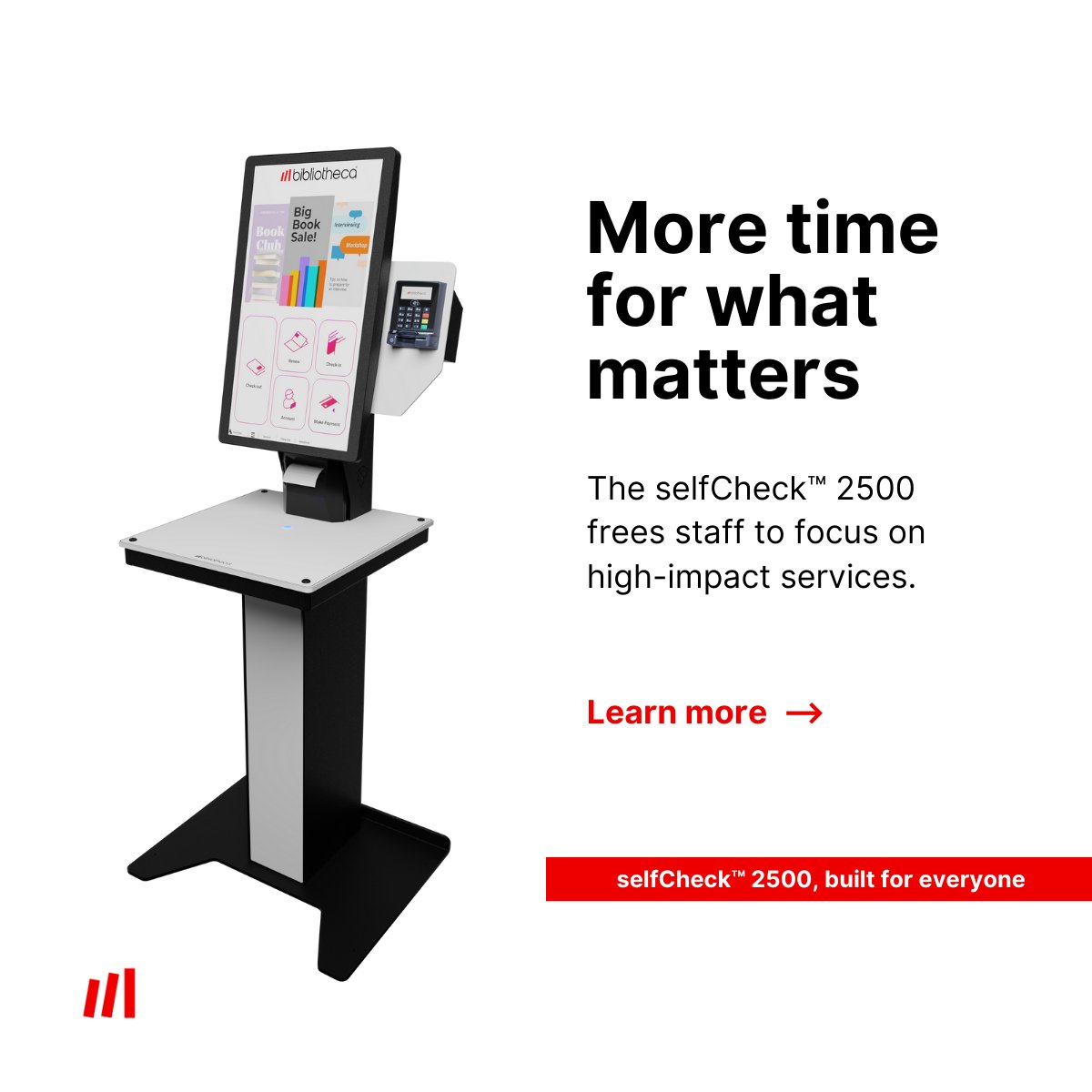 BibliothecaX's tweet image. Help your library run smoothly with the new selfCheck™ 2500.
▫️ Fast, intuitive checkouts with quickConnect™ software
▫️ Anti-glare screen for clear visibility
▫️ Modular design for even the tightest locations
Learn more: hubs.la/Q03CxlZp0
#LibraryTech #SelfService