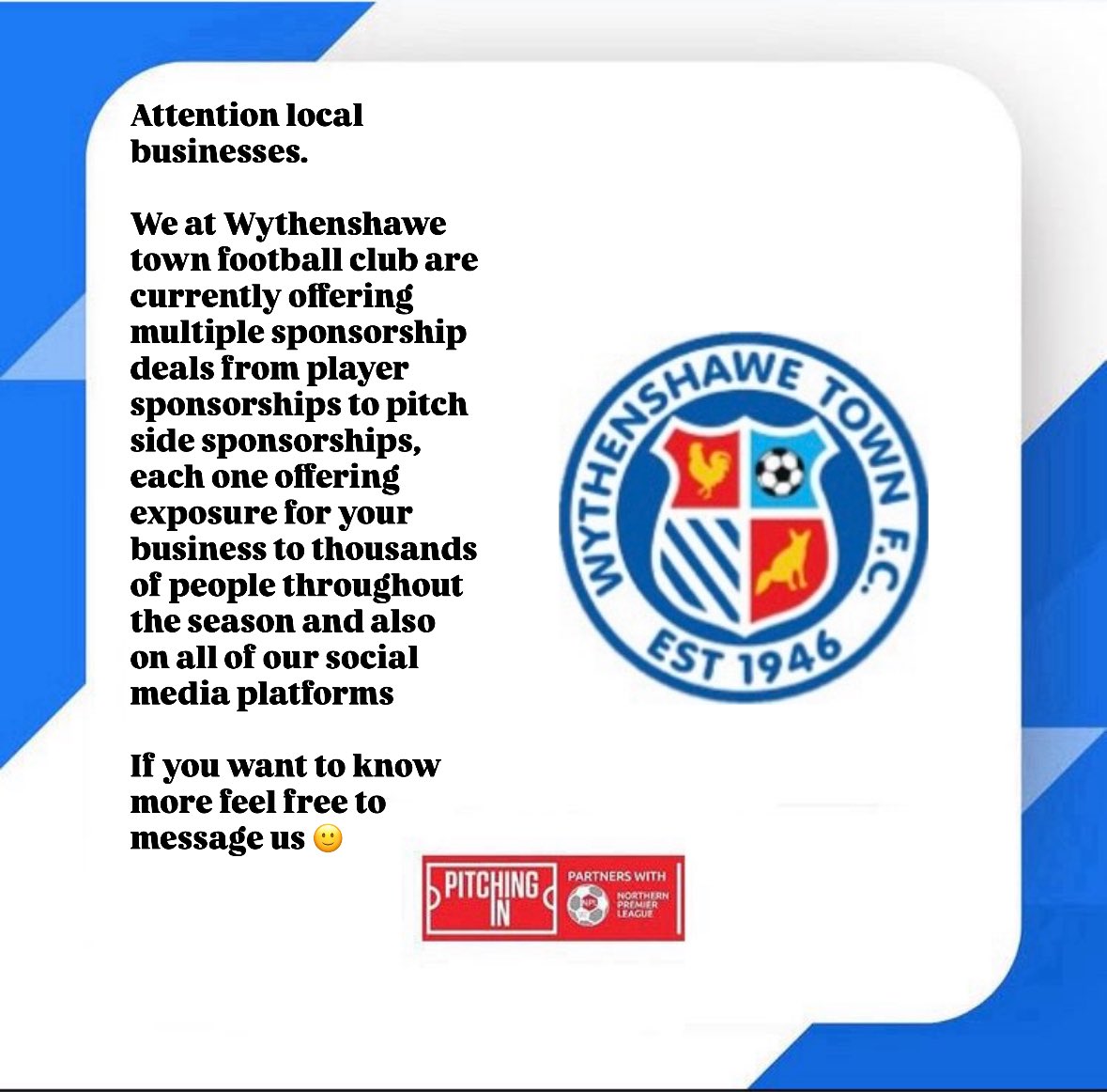 IMPORTANT INFORMATION🚨🚨
If Anyone Local Is Interested Please Contact Any One Of Our Social Media Pages And We Will Get Back To You With More Information.
#Advertising #yourtownyourclub 
🔵⚪️