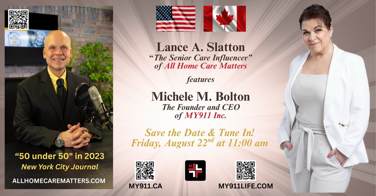Michele Bolton, Founder & CEO, MY911 Inc. 🇨🇦 (@my911_inc) on Twitter photo 🎙 Big news! Michele M. Bolton, Founder & CEO of 🇺🇸 MY911LIFE™ & 🇨🇦 MY911®, joins <a href="/Lanceaslatton/">The Senior Care Influencer - Lance A. Slatton</a> on <a href="/allhcms/">All Home Care Matters</a>! 💡 Learn how instant access to medical info can save lives. Stay tuned!
#HealthReadiness #PodcastAnnouncement #EmergencyPreparedness #CaregiverSupport #MY911LIFE 🎙 Big news! Michele M. Bolton, Founder & CEO of 🇺🇸 MY911LIFE™ & 🇨🇦 MY911®, joins <a href="/Lanceaslatton/">The Senior Care Influencer - Lance A. Slatton</a> on <a href="/allhcms/">All Home Care Matters</a>! 💡 Learn how instant access to medical info can save lives. Stay tuned!
#HealthReadiness #PodcastAnnouncement #EmergencyPreparedness #CaregiverSupport #MY911LIFE