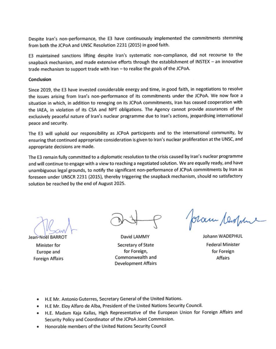 L’Iran ne peut en aucun cas accéder à l’arme nucléaire. Si l’Iran persiste à violer ses obligations internationales, la France et ses partenaires allemand et britannique réenclencheront fin août les embargos mondiaux sur les armes, les équipements nucléaires et les restrictions