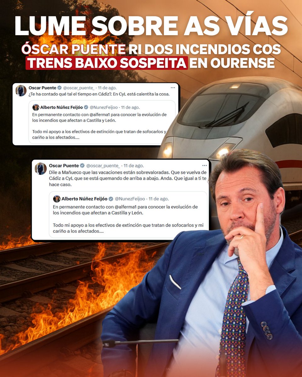 A Óscar Puente gústalle facer chistes cos incendios… mentres as chispas dun tren poderían estar queimando Ourense. 🚆🔥

Menos bromas e máis arranxar o “mellor momento ferroviario da historia”. Calentitos están os españois cun ministro así. 🤦🏻‍♂