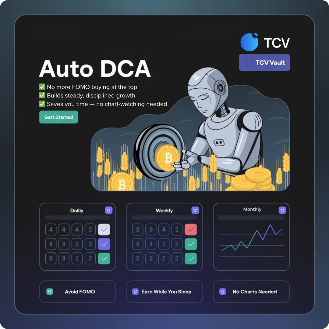 EyeOnChain's tweet photo. Tired of chasing charts or worrying about buying at the wrong time?
#AutoDCA takes the guesswork out of investing and puts your plan on autopilot.
Here’s what you can do:
🔁 Automate your buy & sell orders
📆 Choose your schedule — daily, weekly, or monthly
💸 Put idle assets to work with farming rewards
Why it works for you:
✅ No more FOMO buying at the top
✅ Builds steady, disciplined growth
✅ Saves you time — no chart-watching needed
If your vision is long-term, let Auto DCA power your journey. 🚀
Start today 👉 https://t.co/jldOnTB7Zr
@tcv_platform #TCV