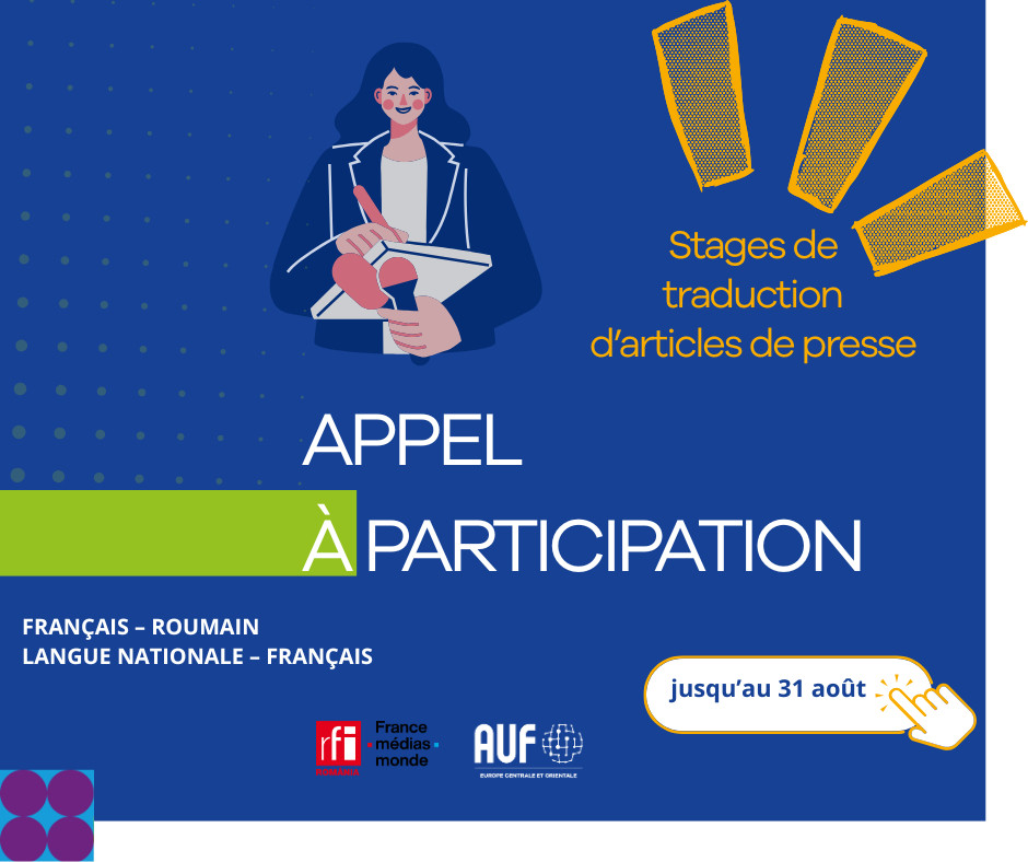 [Appel à candidatures] 
🚀 L’AUF-ECO &amp; <a href="/RFI_Romania/">RFI Romania</a> recrutent pour 2 stages trad à distance (dès sept) :
1️⃣Langue nationale→FR : bit.ly/3Apel1
2️⃣FR→RO : bit.ly/3Apel2
📅 Candidature jusqu’au 31/08 | stages-eco@auf.org Traduisez, voyagez, boostez votre CV !
