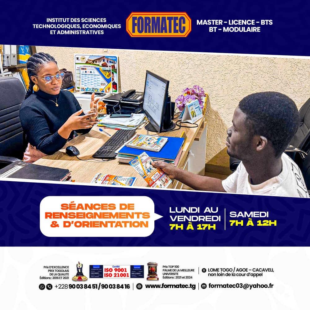Formatec03's tweet photo. Prêt à construire votre avenir ?
Nos séances de renseignements et d’orientation sont là pour vous aider à choisir la formation qui vous fera réussir.

🕒 Horaires :
Lundi au Vendredi : 7h – 17h
Samedi : 7h – 12h

#Formatec #Orientation #Inscriptions2025 #Réussite #TalentsDeDemain https://t.co/Rl801Q5Px1