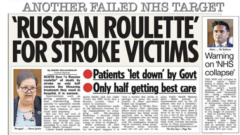James Bundy (@jamesbundy) on Twitter photo A lack of 24/7 emergency stroke surgery means Scots face a ‘Russian Roulette’ for life-saving treatment.
Who thinks this is acceptable for Scotland today.
Thanks <a href="/jackiebmsp/">Jackie Baillie</a> for calling this out! A lack of 24/7 emergency stroke surgery means Scots face a ‘Russian Roulette’ for life-saving treatment.
Who thinks this is acceptable for Scotland today.
Thanks <a href="/jackiebmsp/">Jackie Baillie</a> for calling this out!