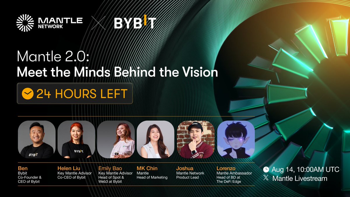 Mantle_Official's tweet photo. Less than 24 hours to go.

ICYMI: Our livestream with new key advisors &amp; top leaders from @Bybit_Official is dropping tomorrow!

Lock in your spot to hear strategic insights on Mantle's 2.0 core initiatives, ecosystem expansion &amp; future direction.

You won't want to fade this 👇 https://t.co/pv4nK426Sp
