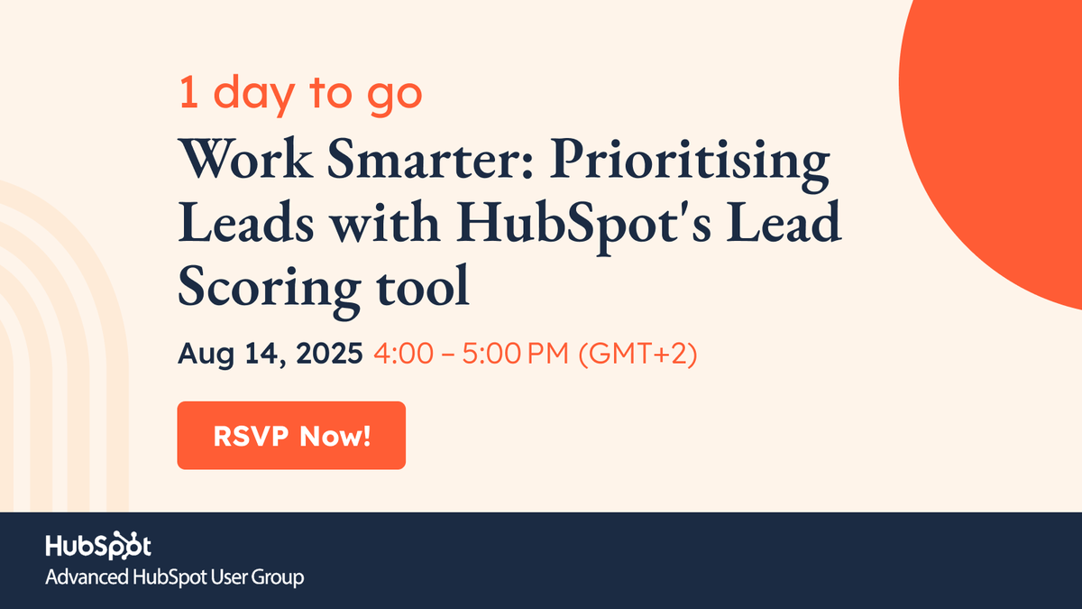 AdvancedHUG's tweet image. 📣1 day to go📣

Have you registered for our HUG yet?

Join us on 14 August at 4:00 PM (GMT+2) for a hands-on session exploring @HubSpot’s latest Lead Scoring tool.

Don’t miss out, register now: hubs.la/Q03CwCmn0 

#AdvancedHUG #LeadScoring