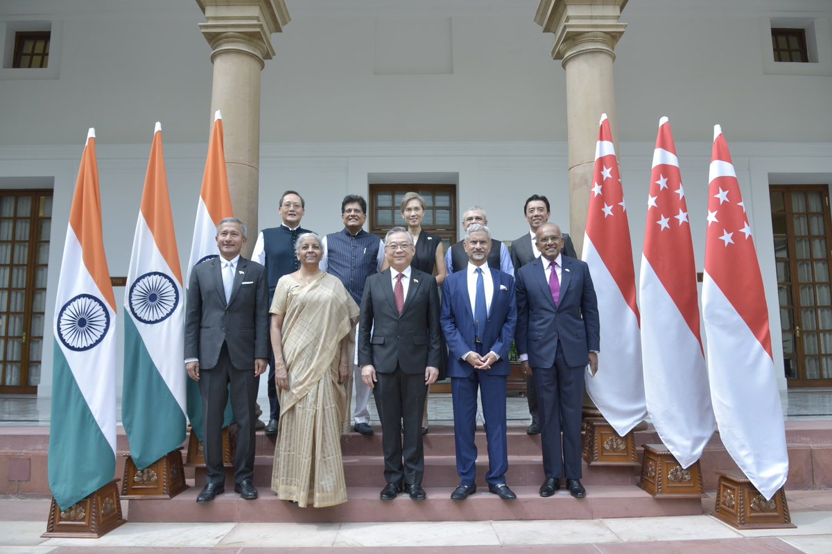 FinMinIndia's tweet photo. Union Minister for Finance and Corporate Affairs Smt. @nsitharaman led the third #India #Singapore Ministerial Roundtable #ISMR along with Union External Affairs Minister Dr. @DrSJaishankar, Union Minister for Commerce and Industry Shri @PiyushGoyal and Union Minister for  Railways, MeITY, and I&B Shri @AshwiniVaishnaw, in New Delhi today. 

The Delegation from Singapore was led by Mr. @Gankimyong, Singapore’s Deputy Prime Minister and Minister for Trade and Industry.

During the meeting, the Ministers recalled that the bilateral ties have been elevated to a Comprehensive Strategic Partnership during Prime Minister Shri @narendramodi’s visit to Singapore in 2024. 

Both sides deliberated upon six pillars identified under ISMR, which include #Digitalization, #Skill Development, #Sustainability, #Healthcare & Medicine, #Advanced Manufacturing and #Connectivity. 

The Ministers noted that the discussions in the 2nd round of ISMR has resulted in the conclusion of MoUs on #Healthcare, #Skill Development, #Digital Cooperation and #Semiconductor Ecosystem Cooperation. 

Coordinating Minister for National Security and Minister for Home Affairs Mr. @kshanmugam, Minister for Foreign Affairs Mr. @VivianBala, Minister for Digital Development and Information and Second Minister for Home Affairs Ms. @joteo_ylm, Minister for Manpower and Second Minister for Trade and Industry Mr. Tan See Leng (@MTI_Sg) and Acting Minister for Transport and Senior Minister of State for Finance Mr. Jeffrey Siow also participated from the Singapore side.

The Ministers interacted with the India-Singapore Business Roundtable #ISBR delegation for furthering business ties between the two countries.