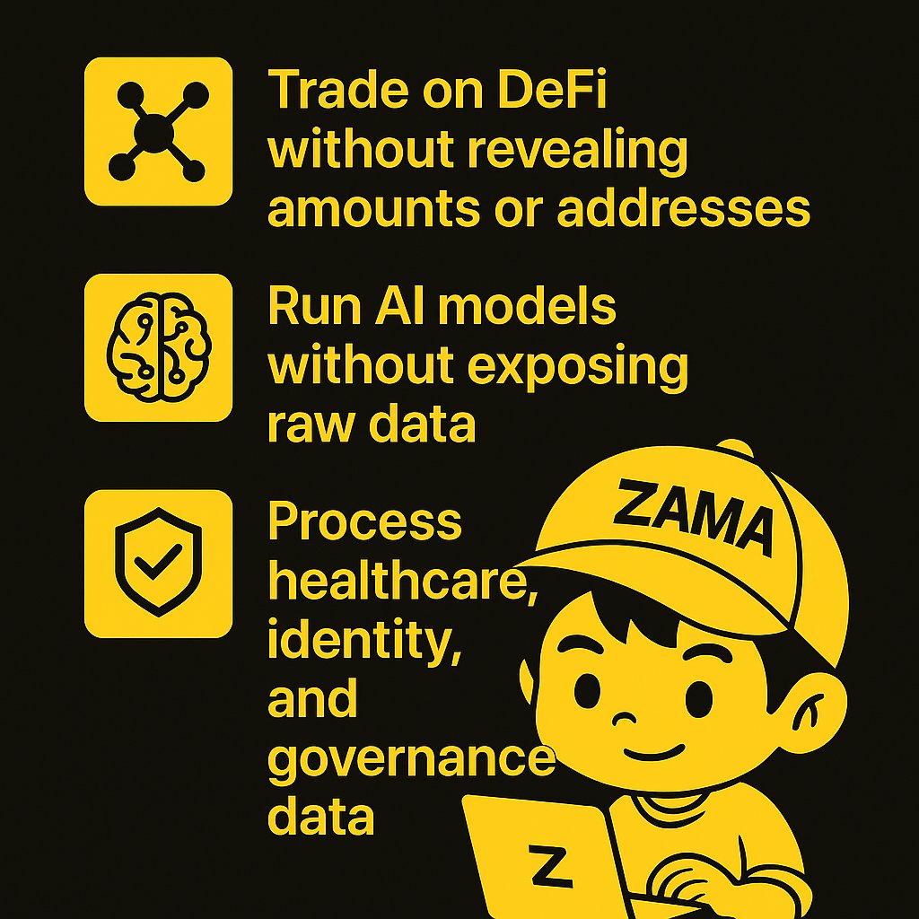 - You don’t notice it when it works.
That’s the point.
FHE by <a href="/zama_fhe/">Zama</a>  lets you:

+ Trade on DeFi without revealing amounts or addresses

+ Run AI models without exposing raw data

+ Process healthcare, identity, and governance data without anyone seeing it

It’s not just