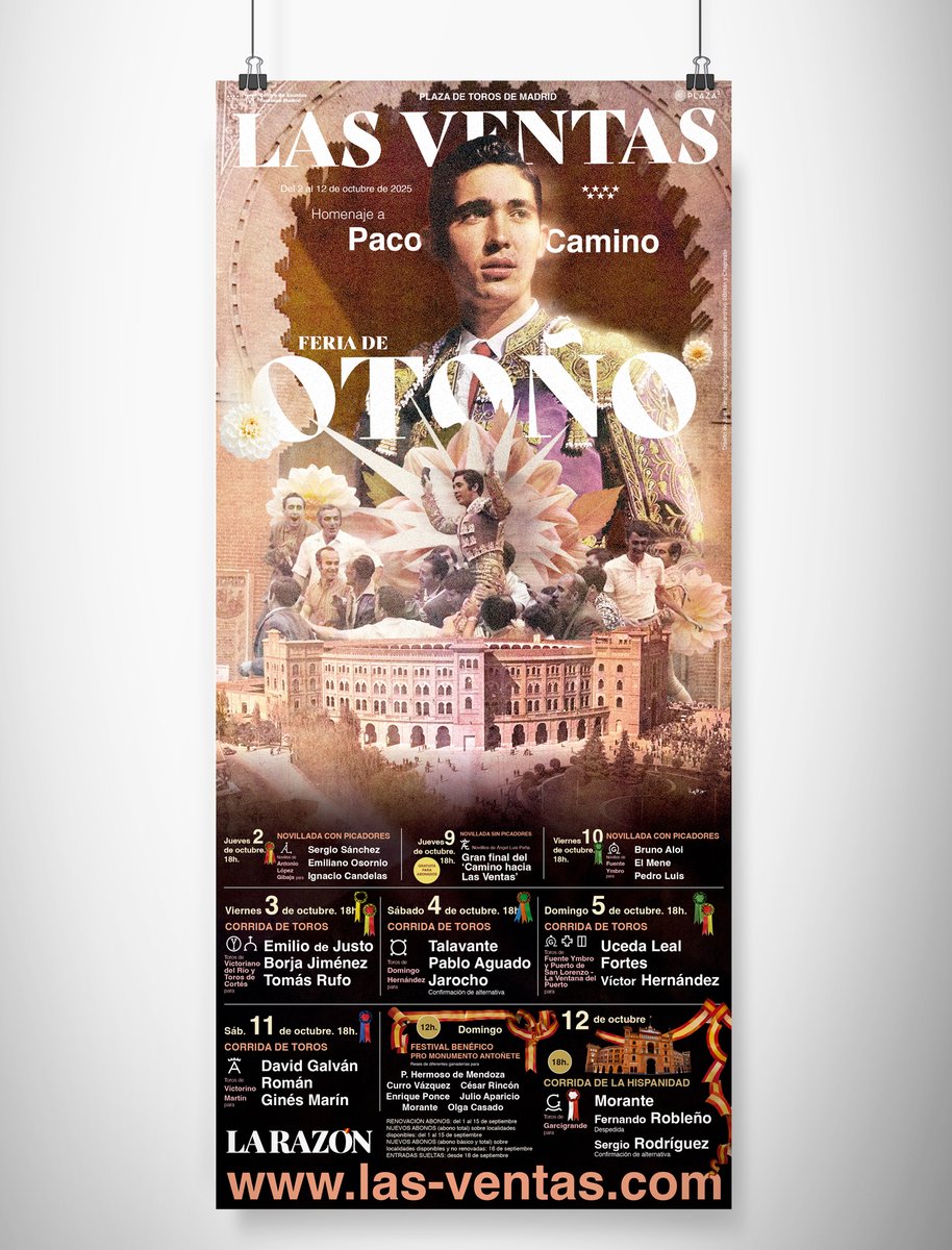 [📸𝗘𝗟 𝗖𝗔𝗥𝗧𝗘𝗟] La #FeriadeOtoño2025 que vamos a vivir en #LasVentas y su cartel ilustrador rinden homenaje a la figura de 𝗣𝗮𝗰𝗼 𝗖𝗮𝗺𝗶𝗻𝗼. 

💥Una obra de Juan Iranzo con imágenes históricas de <a href="/botanfotografos/">Botán</a> y Chapresto.