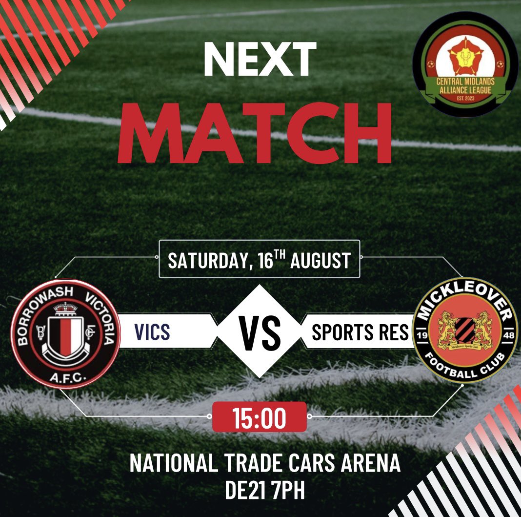 Fixture change Another Home fixture at the NTC arena on Saturday as we welcome Mickleover sports Res

🗓️ Sat 16th August 
🆚  Mickleover sports Res
🏆 <a href="/CentralMidsAll/">⚽️ Central Midlands Alliance ⚽️</a> 
🏟️ National Trade Cars Arena
📍 Borrowash Road, DE21 7PH
🕐 15:00 KO
🎟️ Adults £5, Concessions £3, u16 free with