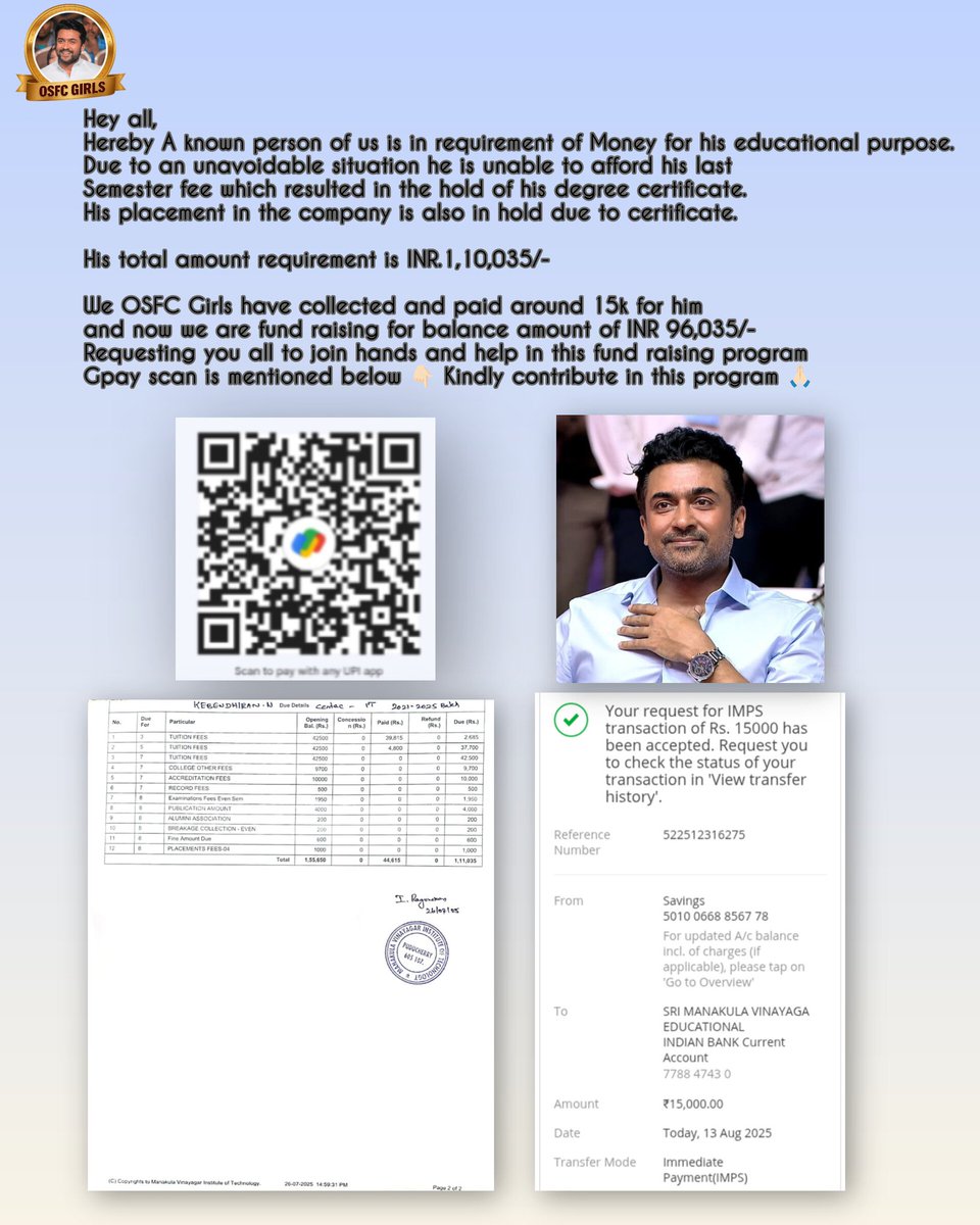 SURIYA GIRLS FC (@suriyagirlsfc) on Twitter photo Hlo all,
Below mentioned is verified and the person is indeed in need of his degree certificate 🥹🤌🏻✨
Requesting all to kindly consider below and donate for him 🙏🏻🥹✨🧿
<a href="/Suriya_offl/">Suriya Sivakumar</a> ❤️ Hlo all,
Below mentioned is verified and the person is indeed in need of his degree certificate 🥹🤌🏻✨
Requesting all to kindly consider below and donate for him 🙏🏻🥹✨🧿
<a href="/Suriya_offl/">Suriya Sivakumar</a> ❤️