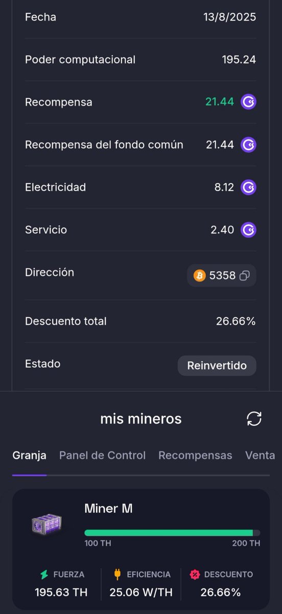 MarcosLope15338's tweet photo. 📅 13/8/2025
Mis bebés mineros...
💰 Recompensa: 21.44 G reinvertida
⚡ Potencia: 195.63 TH | 25.06 W/TH
📉 Descuento: 26.66 %
https://t.co/JOkhbs0rcg
#GoMining #CryptoMiner #THDiario #VIPMining #ReinversiónInteligente https://t.co/SSgpvyZ7sC