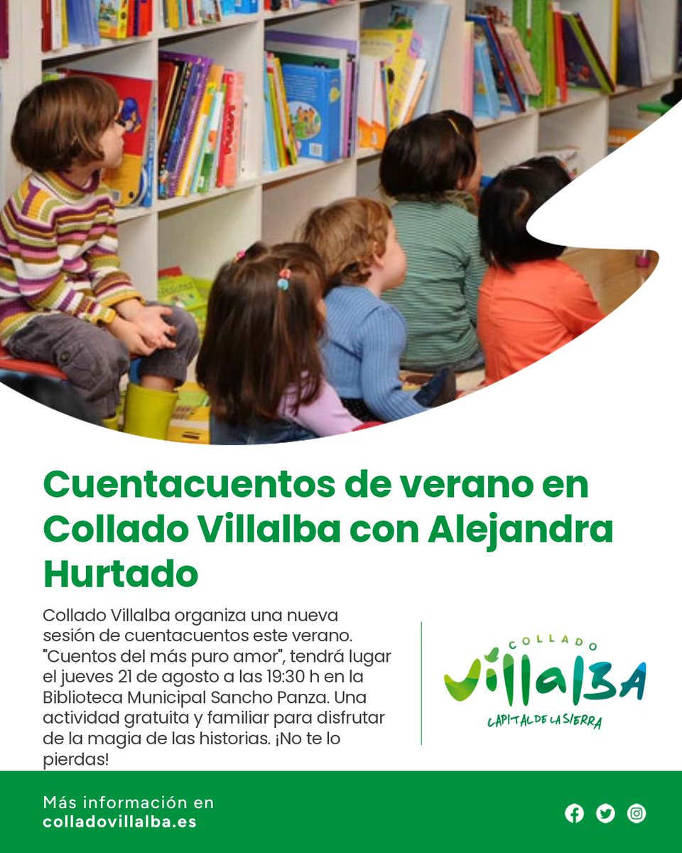 Ayuntamiento de Collado Villalba (@ayuntamientocv) on Twitter photo ✨ ¡Disfruta del verano con un cuentacuentos especial! 📖❤️
📅 Jueves 21 de agosto
⏰ 19:30 h - Biblioteca Municipal Sancho Panza
🎭 "Cuentos del más puro amor" por Alejandra Hurtado
👉 ¡Perfecto para toda la familia!
#ColladoVillalba 🏡 ✨ ¡Disfruta del verano con un cuentacuentos especial! 📖❤️
📅 Jueves 21 de agosto
⏰ 19:30 h - Biblioteca Municipal Sancho Panza
🎭 "Cuentos del más puro amor" por Alejandra Hurtado
👉 ¡Perfecto para toda la familia!
#ColladoVillalba 🏡