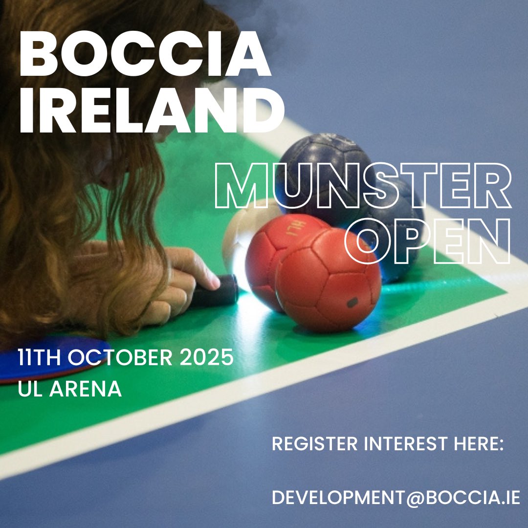 Boccia Ireland Munster Open!

📆 Sat 11th October

📍UL Sport Arena

Entry fee €5

You can register your interest by emailing development@boccia.ie 

Spaces are limited so sign up now! 

Registration closes September 3rd at 5pm.

#BocciaIreland