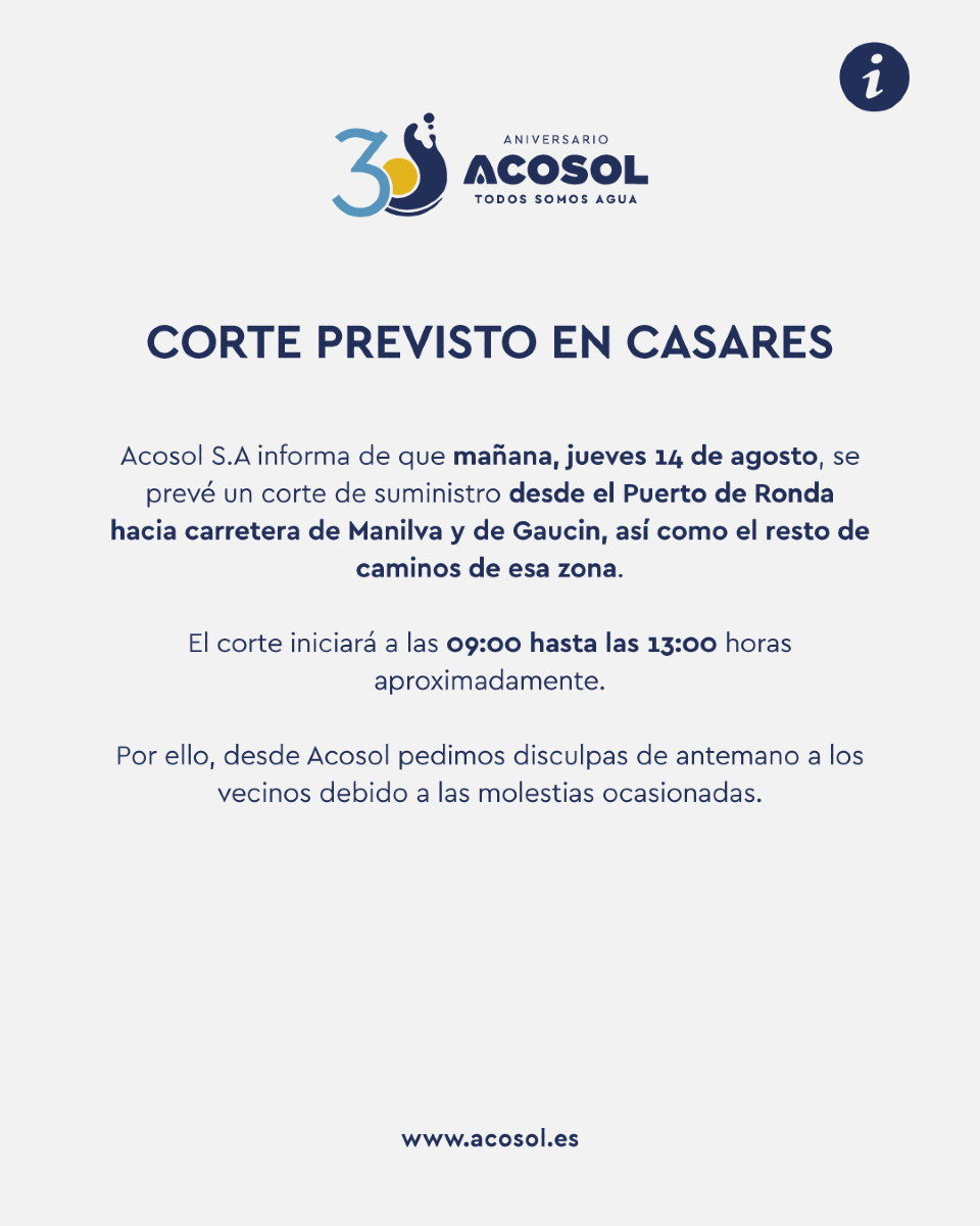 📢 ¡AVISO!

🚧 Mañana, jueves 14 de agosto, habrá un corte de suministro de agua en el Puerto de Ronda y la carretera de Manilva y Gaucín. Afectará desde las 09:00h hasta las 13:00h aproximadamente.

Disculpen las molestias.

#TrabajamosPorTi
