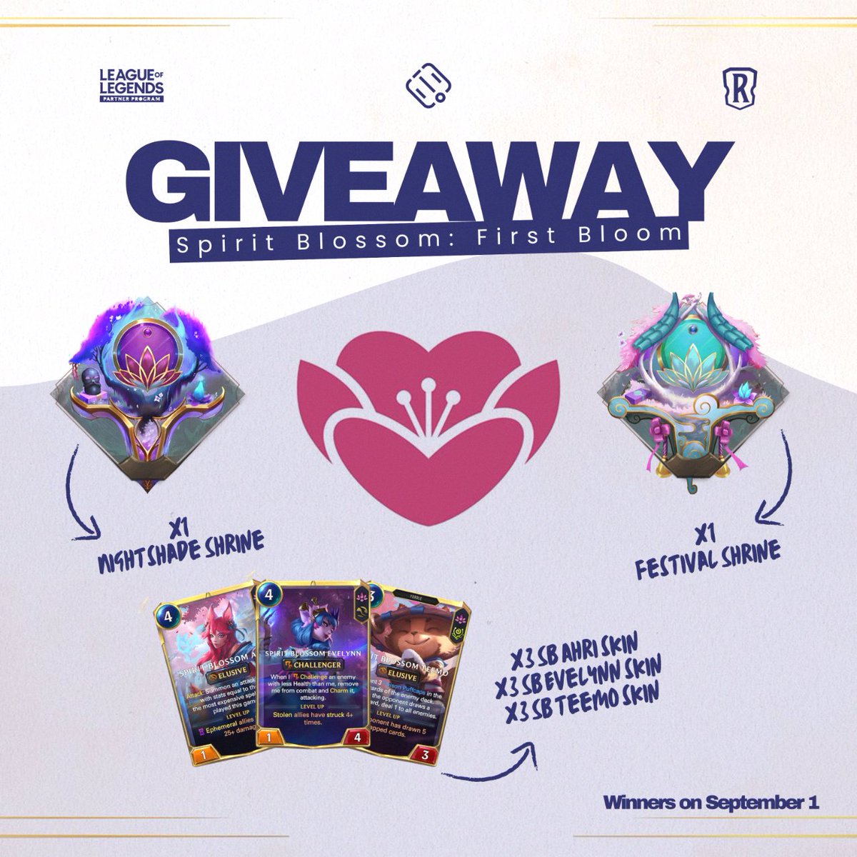 🌸 SPIRIT BLOSSOM 6.8 GIVEAWAY 🌸

11 chances to blossom 🍀

How to enter:
🔹 RT + ❤️
🔹 Follow <a href="/Santupea/">Santupea</a>
🔹 Follow on Twitch 👉 twitch.tv/lor_santupea

📅 Winners on September 1

#LoR #LegendsOfRuneterra #PathOfChampions <a href="/PlayRuneterra/">Legends of Runeterra</a>