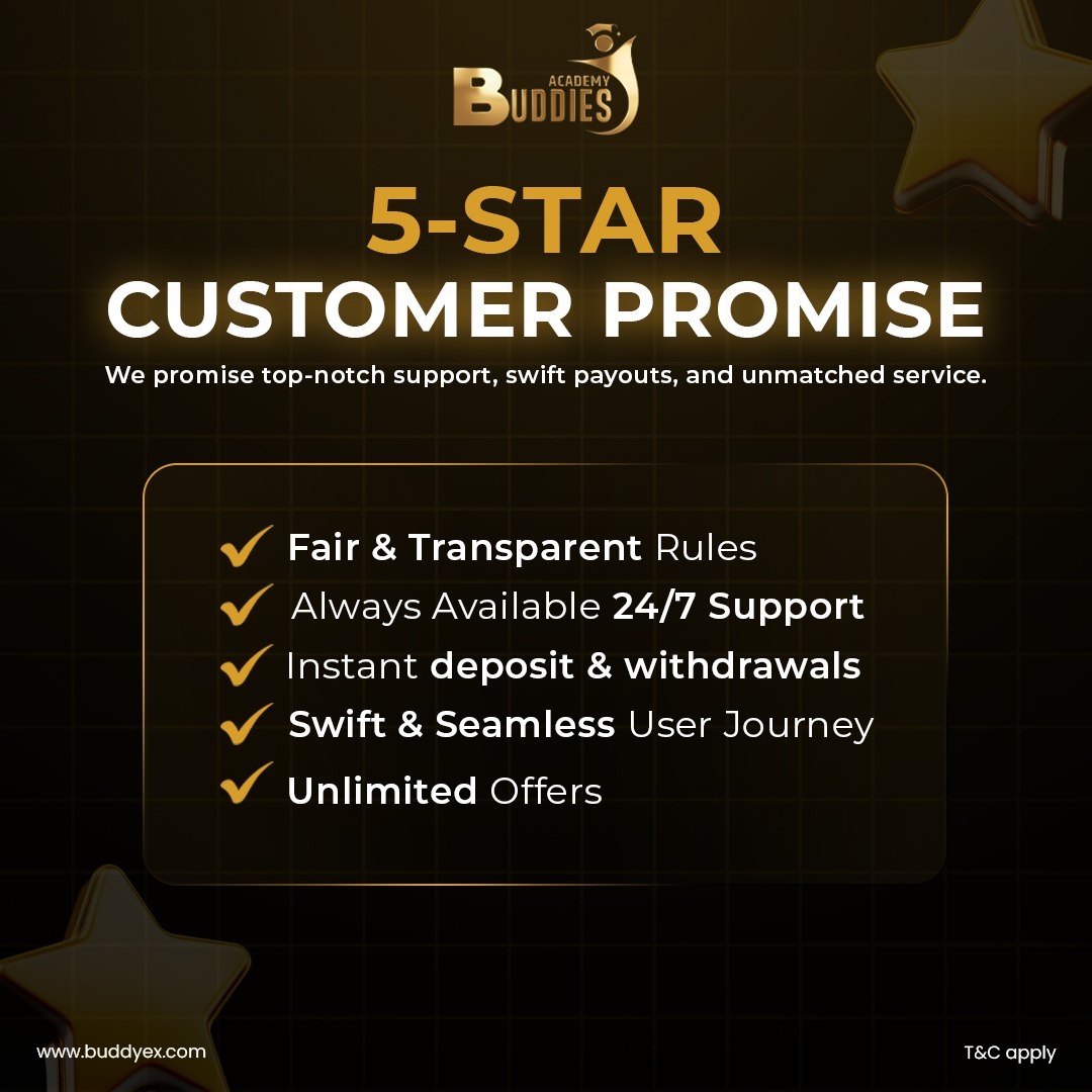 5 Star Customer Promise
We promise top-notch support, swift payouts, and unmatched service.

Fair and transparent rules
Always available with 24/7 support
Instant deposits and withdrawals

Website - buddyex.com

#CustomerPromise #TopNotchSupport #SwiftPayouts