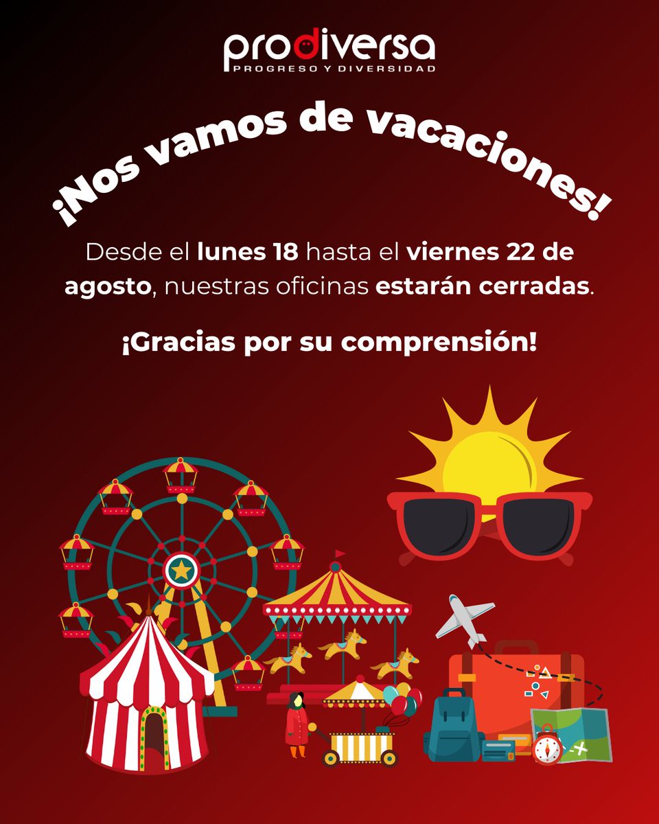 PRODIVERSA (@prodiversa) on Twitter photo 📣 ¡Atención!
Durante la semana del 18 al 24 de agosto, nuestras oficinas estarán cerradas. 🫶🏼
Retomaremos la atención a usuari@s a partir del lunes 25 de agosto, para cualquier consulta puede escribir al correo comunicacion@prodiversa.eu.
¡Gracias por su comprensión! 🌻 📣 ¡Atención!
Durante la semana del 18 al 24 de agosto, nuestras oficinas estarán cerradas. 🫶🏼
Retomaremos la atención a usuari@s a partir del lunes 25 de agosto, para cualquier consulta puede escribir al correo comunicacion@prodiversa.eu.
¡Gracias por su comprensión! 🌻