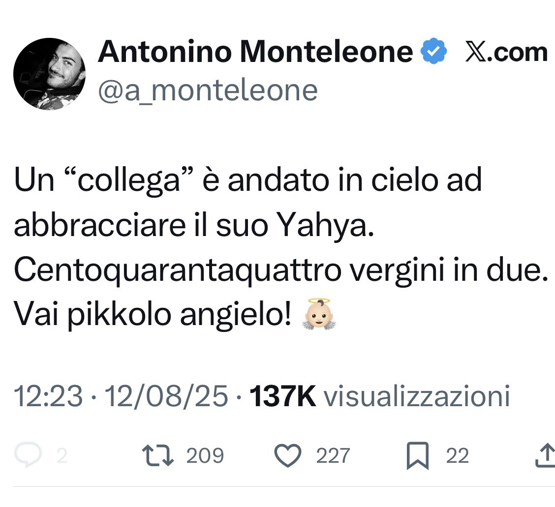 Ma parli tu che sei conosciuto solo per l’intervista a Rosa e Olindo? Ma veramente?!? 
Poi, bravo, togli i commenti…
<a href="/a_monteleone/">Antonino Monteleone</a> 
#leiene
#GazaGenocide 
#a_monteleone
