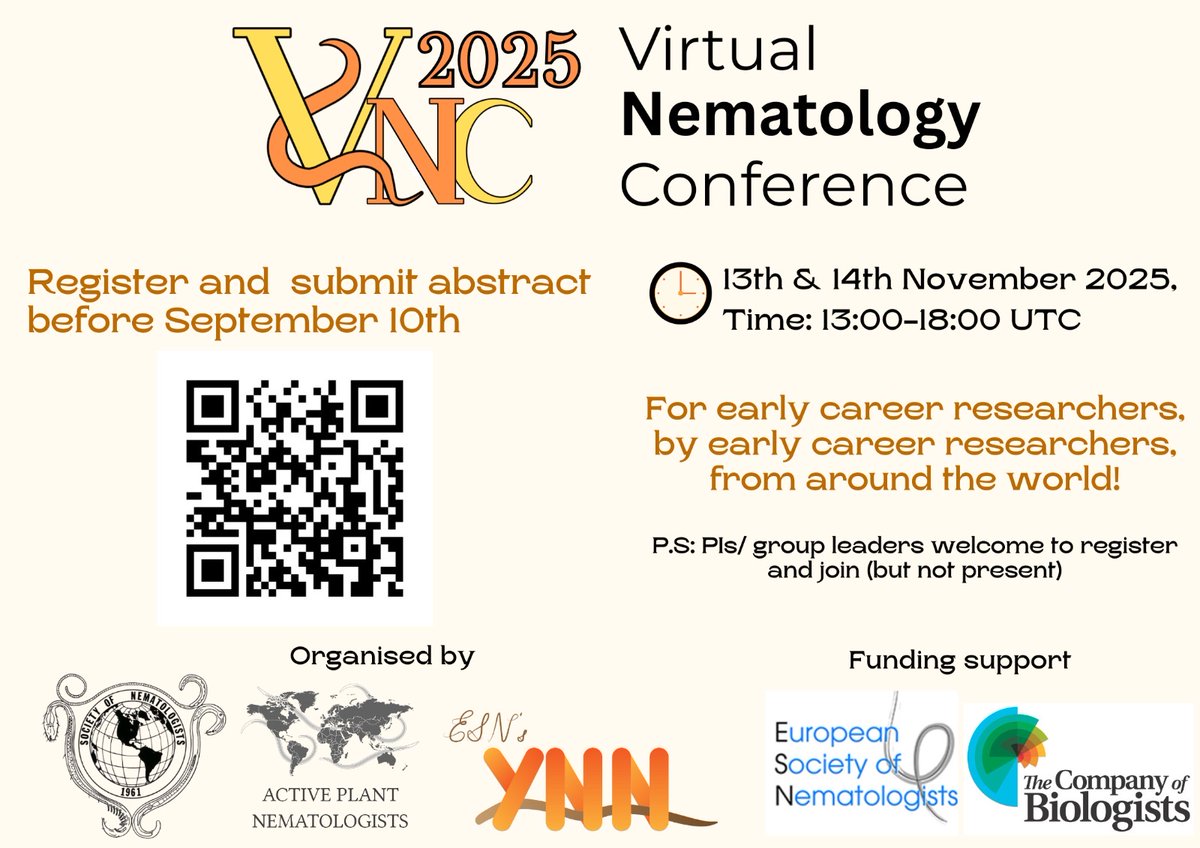 YNN ~ Young Nematologists Network (@young_nemas) on Twitter photo πͺ± Reminder: Registration for #VNC2025 is NOW OPEN until September 10th!! π
Register and submit your abstract here. π lnkd.in/dzTRsK7z
Special thanks to <a href="/Co_Biologists/">The Company of Biologists</a> who support this yearβs VNC via Funding for Innovations in Sustainable Conferencing! πͺ± Reminder: Registration for #VNC2025 is NOW OPEN until September 10th!! π
Register and submit your abstract here. π lnkd.in/dzTRsK7z
Special thanks to <a href="/Co_Biologists/">The Company of Biologists</a> who support this yearβs VNC via Funding for Innovations in Sustainable Conferencing!