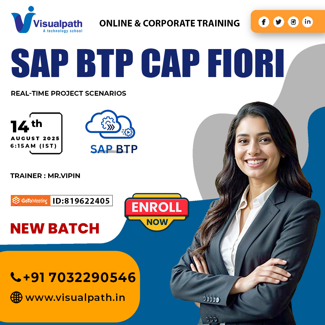 VisualpathPro's tweet image. 🚀 New Batch – SAP BTP CAP Fiori 
📅 Start Date: 14th August 2025 🕕 Time: 6:15 AM IST
📞 Call/WhatsApp: wa.me/c/917032290546 
🌐 Visit: visualpath.in/sap-btp-cap-fi…
#SAPTraining #SAPTechnologies #SAPBTP #CAPModel #SAPFiori #upskill #software #SAPDevelopers #SAPCareer