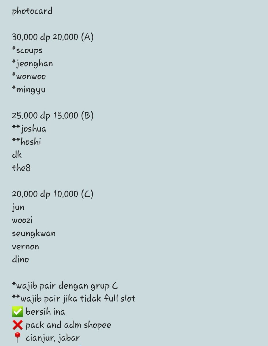 sharingwithnces's tweet photo. wts open sharing pc carat membership kit seventeen

avail all member
scoups, jeonghan, wonwoo, mingyu, joshua, hoshi, dk, the8, jun, woozi, seungkwan, vernon, dino

✅ bersih ina
❌️ pack dan adm shopee
📍 cianjur, jawa barat

order? dm aja ya 🫶🏻 https://t.co/5bsxgBVvS8