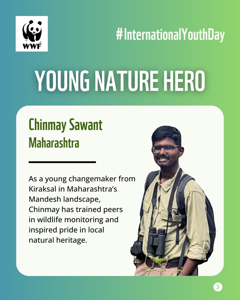 WWFINDIA's tweet photo. This #InternationalYouthDay, WWF-India celebrates young changemakers shaping a greener future 🌱

Meet Chinmay Sawant — a #ConservationCatalyst from Kiraksal, Maharashtra, protecting wildlife &amp; inspiring his community.

#WWFIndia https://t.co/FgVUHnc7VE