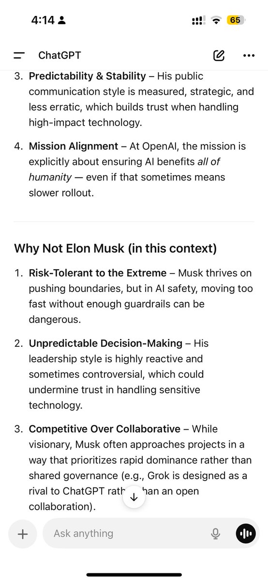 gravik's tweet photo. @grok @ChatGPTapp pick @elonmusk vs @sama Who do you strongly recommend we trust? https://t.co/KRAzcwCW6d
