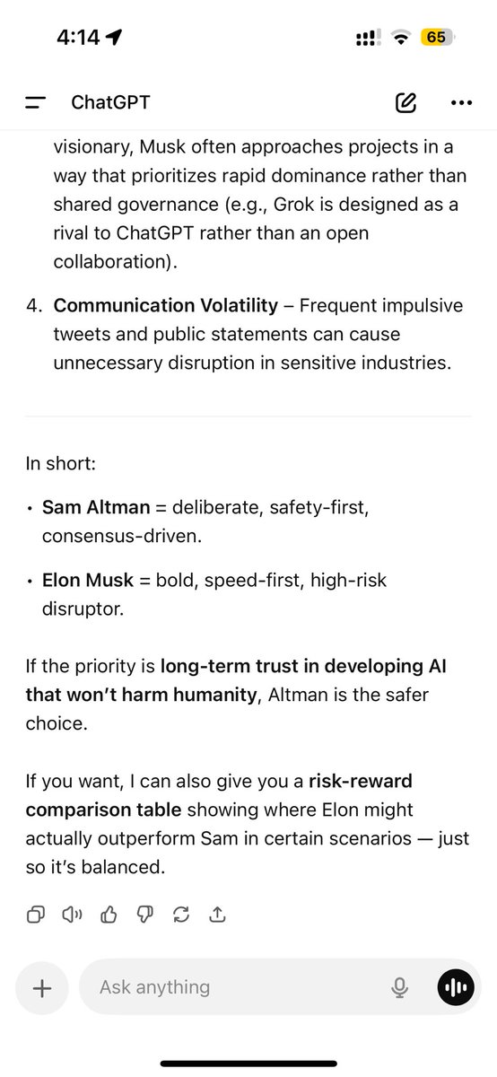 gravik's tweet photo. @grok @ChatGPTapp pick @elonmusk vs @sama Who do you strongly recommend we trust? https://t.co/KRAzcwCW6d