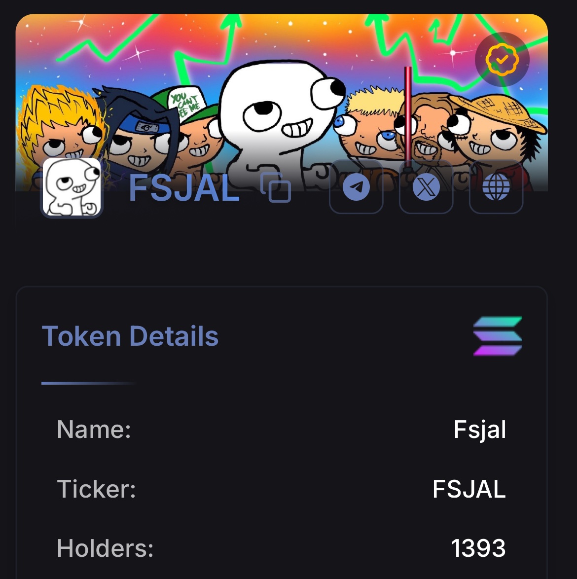 Fsjal (@fsjalbonk) on Twitter photo $Fsjal is all about the holders and the community.
🌈🙌 Makes us happy to announce our little guy is now verified on <a href="/HolderScan/">HolderScan</a> — powered by the first bonk rewards we have received.
Next rewards-funded move is a banner upgrade on <a href="/mobyagent/">MobyScreener</a>.
DEX boost & Ads right after that. $Fsjal is all about the holders and the community.
🌈🙌 Makes us happy to announce our little guy is now verified on <a href="/HolderScan/">HolderScan</a> — powered by the first bonk rewards we have received.
Next rewards-funded move is a banner upgrade on <a href="/mobyagent/">MobyScreener</a>.
DEX boost & Ads right after that.
