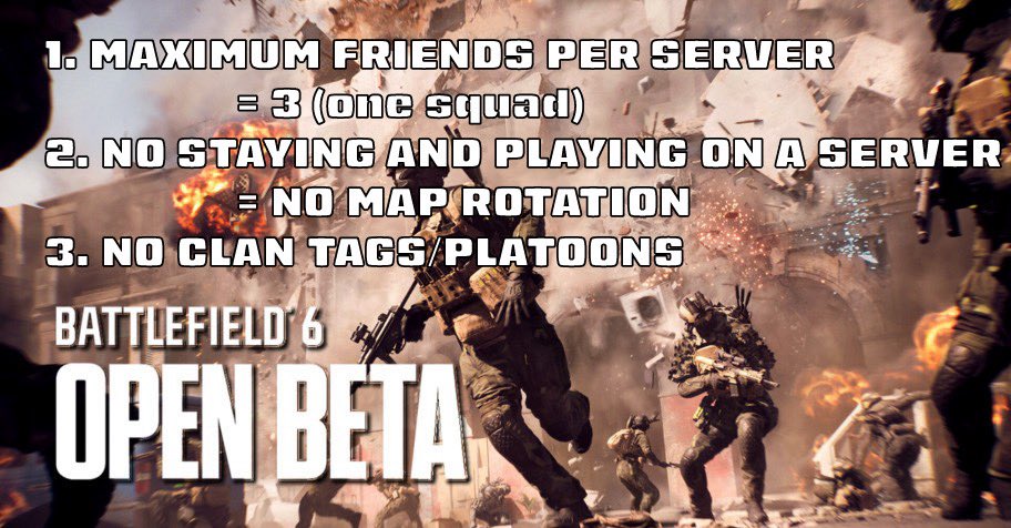 Riddle me this [DICE] :
In BF6 base game servers, how is it possible I can “stay and play” on a server with my 6 + friends, meaning more than one squad and on the same team? Respectfully, thank you