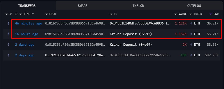 Screenshot of previous ETH deposit to Kraken by the same whale