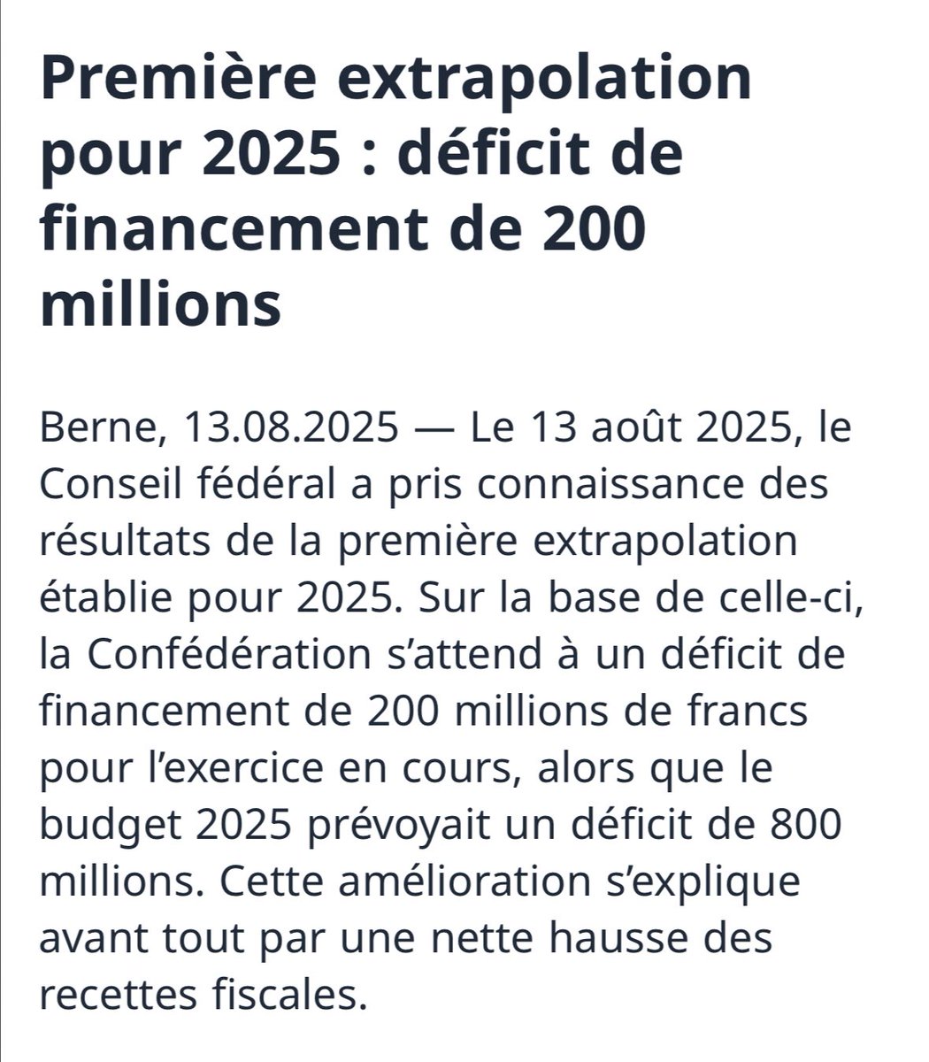 benoitgaillard's tweet photo. Oh mais quelle surprise! Le déficit de la Confédération pour 2025 est 4 fois plus bas que prévu: 200 millions, c’est-à-dire en gros l’épaisseur du trait, 0.2%, sur un budget de 86 milliards. Ben oui fin 2024 il fallait noircir le tableau pour justifier un plan d’économies… https://t.co/R7erbXCB75