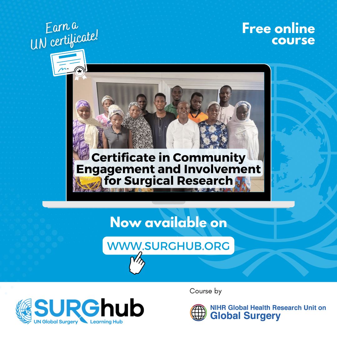 NIHR Global Surgery (@nihr_gsu) on Twitter photo We're excited to share that our first-ever course is now available on SURGhub! 🌍
Check out our course: Certificate in Community Engagement & Involvement for Surgical Research on SURGhub at tinyurl.com/bdhjus4z
#GSU #SURGhub #CEI #Course #GlobalSurgery <a href="/SURGhub/">SURGhub - UN Global Surgery Learning Hub</a> We're excited to share that our first-ever course is now available on SURGhub! 🌍
Check out our course: Certificate in Community Engagement & Involvement for Surgical Research on SURGhub at tinyurl.com/bdhjus4z
#GSU #SURGhub #CEI #Course #GlobalSurgery <a href="/SURGhub/">SURGhub - UN Global Surgery Learning Hub</a>