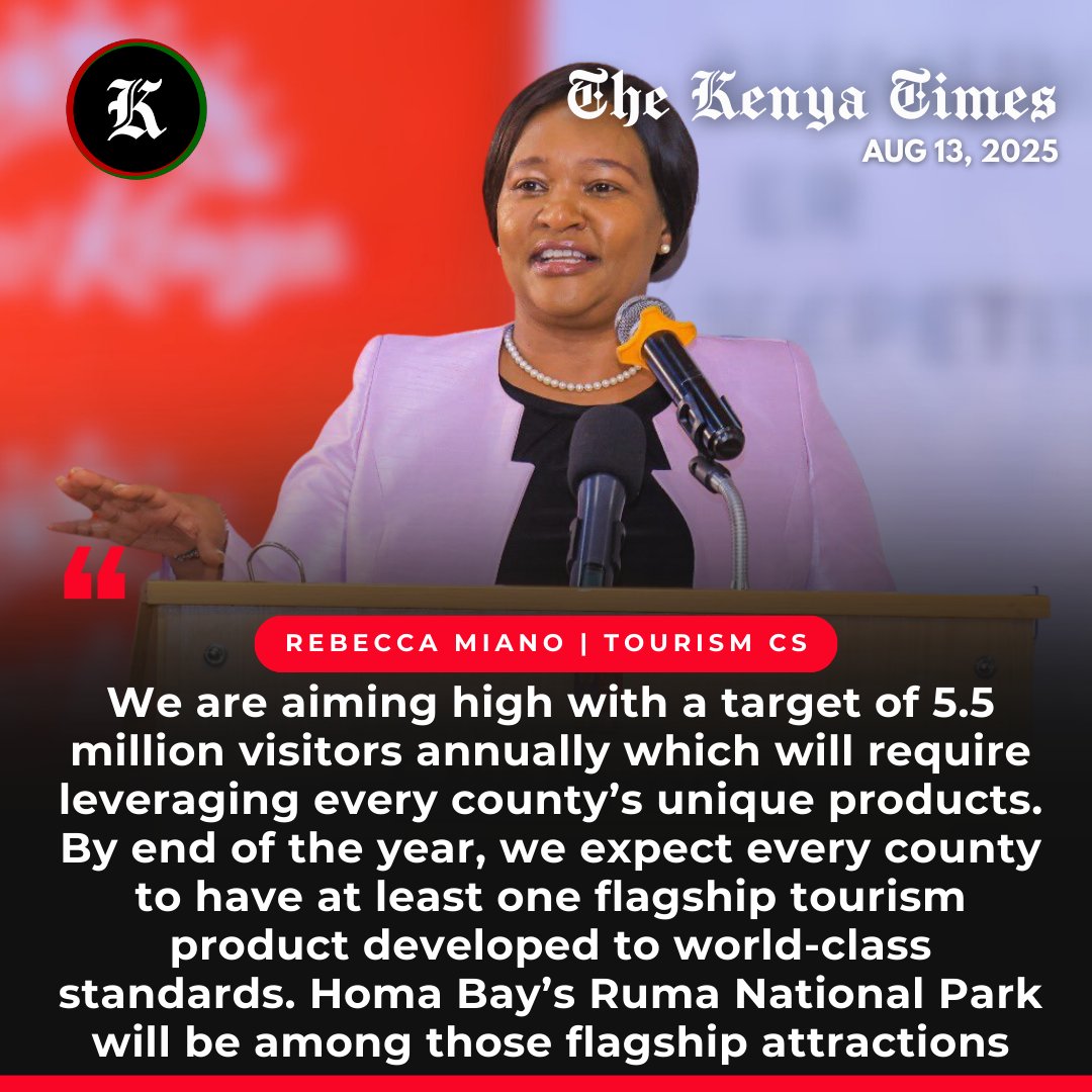 The Kenya Times (@thekenyatimes) on Twitter photo CS <a href="/rebecca_miano/">CS Rebecca Miano, EGH</a> says Kenya plans to attract 5.5 million visitors annually by developing at least one world-class flagship tourism product in every county, and Ruma National Park in #HomaBay will be a key attraction <a href="/magicalkenya/">Kenya Tourism Board</a>
Follow us on LinkedIn for more business news CS <a href="/rebecca_miano/">CS Rebecca Miano, EGH</a> says Kenya plans to attract 5.5 million visitors annually by developing at least one world-class flagship tourism product in every county, and Ruma National Park in #HomaBay will be a key attraction <a href="/magicalkenya/">Kenya Tourism Board</a>
Follow us on LinkedIn for more business news