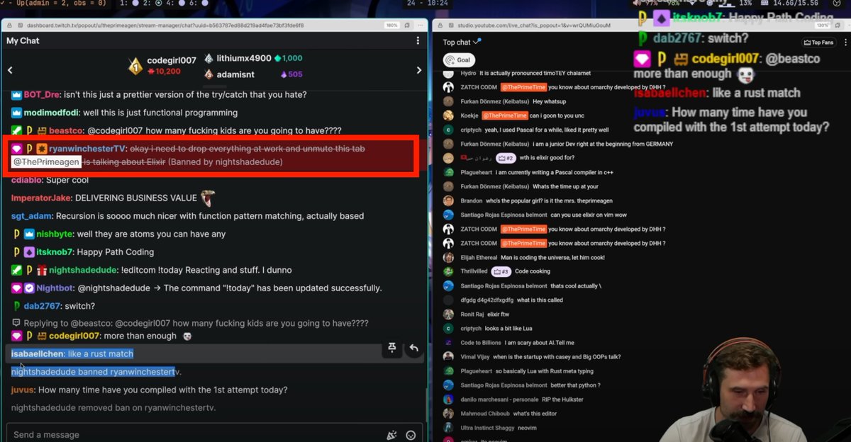I've been watching prime exploring elixir and they just ban this guy for being exited to hear about elixir? 

only comment was: get rekt ???