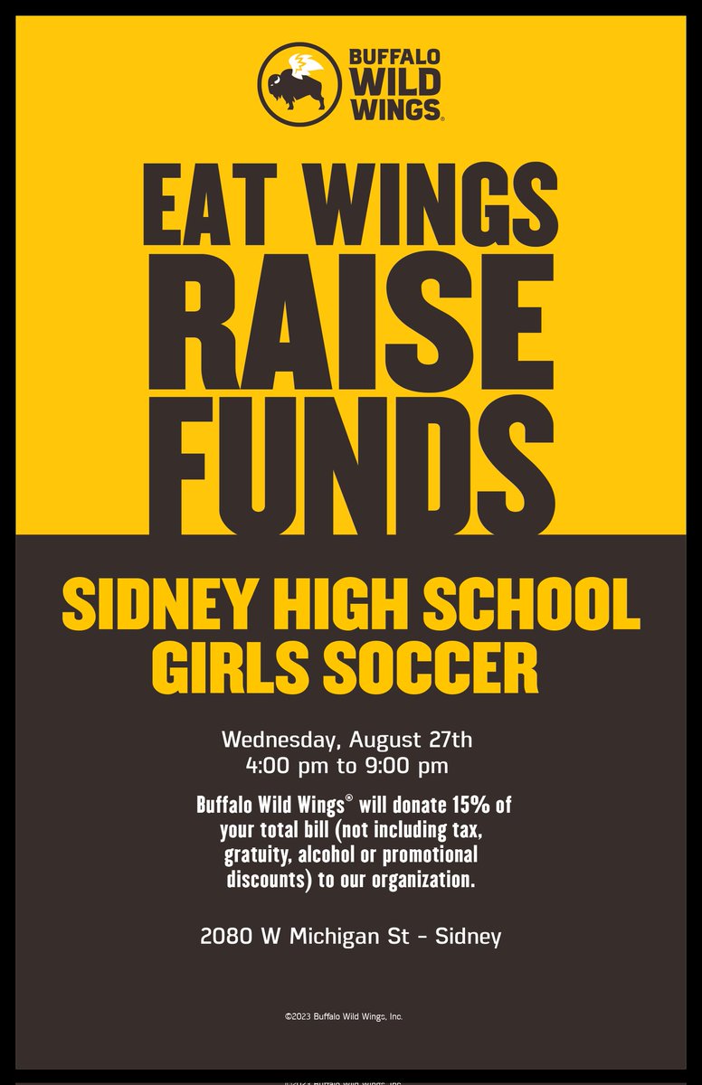 ⚽🍗 WINGS + SOCCER = WIN!
On Tuesday, Aug. 27th, Buffalo Wild Wings is the place to be! Come eat, laugh, and cheer on Sidney Girls Soccer just by having dinner. Let’s turn wing night into a win night! 🖤💛