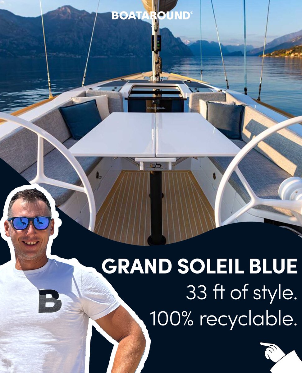 Grand Soleil Blue — a 33-foot daysailer that’s sleek, fast, and the brand’s first 100% recyclable yacht. Silent electric power, solo-friendly design, and a weekend-ready vibe. Ready to set sail?