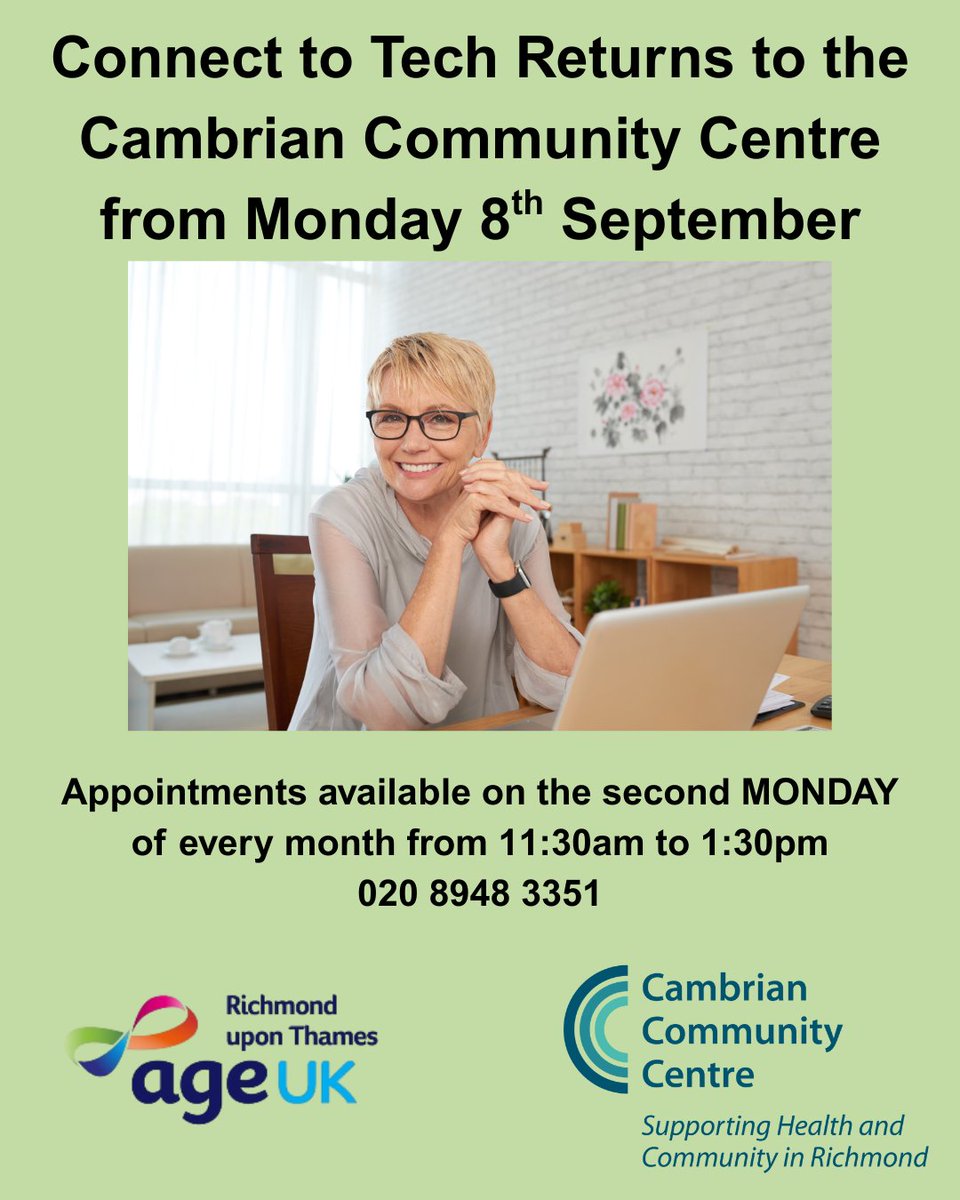 Connect to Tech returns to the Cambrian Community Centre thanks to a partnership with <a href="/AgeUKRichmond/">Age UK Richmond upon Thames</a> For more information or to book an appointment call 020 8948 3351 or e-mail manager@cambriancentre.org #itsupport #connecttotech